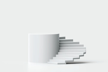 White spiral stair with pedestal, winner podium on white background, 3d rendering