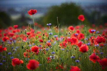 Fototapeta na wymiar A field of red poppies and cornflowers in the morning