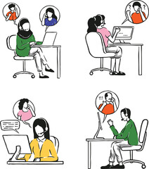 Office operators with headsets characters. Customer service, hotline operators, technical global support, and customer support department staff. Hand-drawn vector illustration.