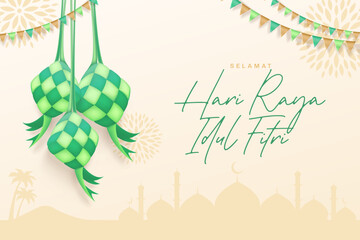 3d modern Islamic holiday banner, suitable for Ramadan, Eid Fitri, Eid Adha and Maulid. Moon and ketupat with islamic decor on soft green background.