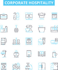 Corporate hospitality vector line icons set. Events, receptions, catering, hosting, networking, conference, business illustration outline concept symbols and signs