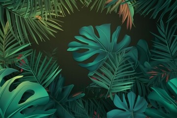 Tropical leaves depicted in Dark green, floral background, monstera, palm leaves. Generative ai