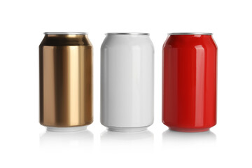 Aluminum cans with drinks on white background