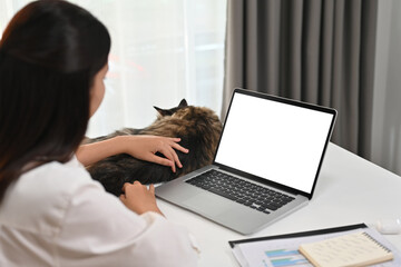 Fototapeta premium Rear view of female accounting analyst using laptop and working with taxes financial data documents at home office desk