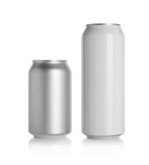 Aluminum cans with drinks on white background