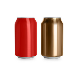 Aluminum cans with drinks on white background