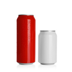 Aluminum cans with drinks on white background