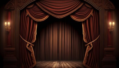 Fototapeta premium classic maroon curtains with light descended onto the center of the stage. Generative ai