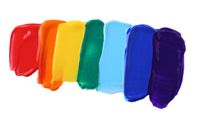 Multicolored paint samples on white background, top view