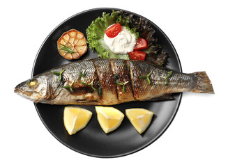 Plate with delicious sea bass fish and ingredients isolated on white, top view