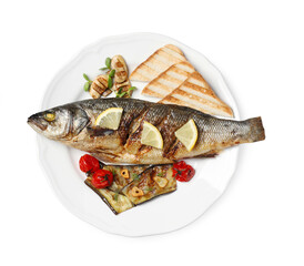 Plate with delicious sea bass fish and ingredients isolated on white, top view