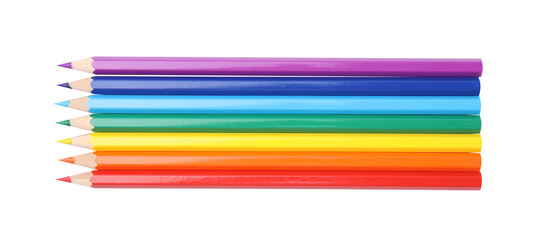 Many colorful wooden pencils on white background, top view