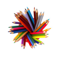 Many different colorful pencils in holder on white background, top view