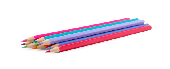 Pile of colorful wooden pencils on white background