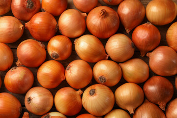 Many ripe onions as background, top view