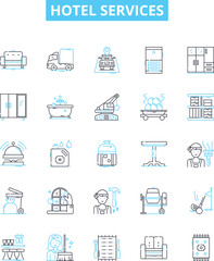 Hotel services vector line icons set. Accommodation, Amenities, Restaurants, Catering, Spa, Pool, Swimming illustration outline concept symbols and signs