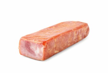 Half of delicious smoked sausage isolated on white