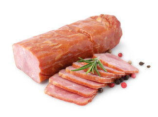 Delicious smoked sausage with rosemary and pepper isolated on white