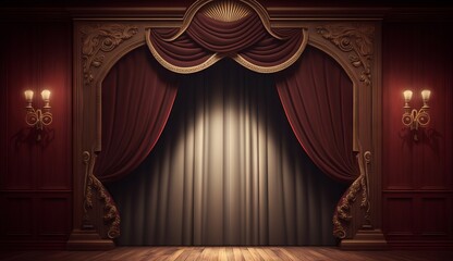 classic maroon curtains with light descended onto the center of the stage. Generative ai