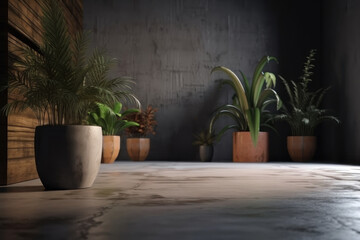 Background, concrete floor, wooden wall and potted plants. AI generative.