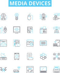 Media devices vector line icons set. Devices, Media, Television, Radios, Speakers, Printer, Computer illustration outline concept symbols and signs