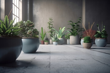 Background, concrete floor and potted plants. AI generative.