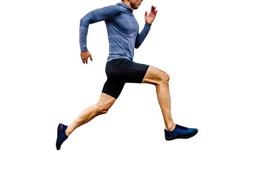 close up male runner running side view on transparent background, blue long sleeve shirt and black tights, sports photo
