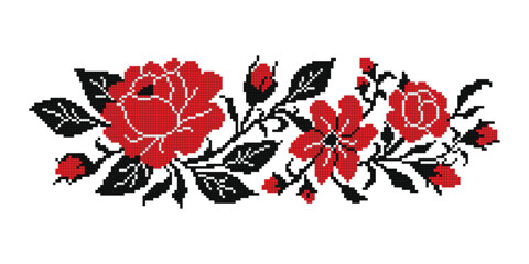 Realistic Cross-Stitch Embroideried Composition with Roses. Ethnic Floral Motif, Handmade Stylization. Traditional Ukrainian Red and Black Embroidery. Ethnic Design Element. Vector 3d Illustration