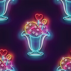 Seamless pattern with glow Ice Cream Balls in Vase, Candies Decor. Sweet Dessert Concept. Neon Light Texture, Signboard. Glossy Background. Vector 3d Illustration