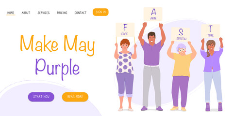 People holding cards with symptoms of brain stroke. Make May Purple. Vector banner, poster, card and background for annual stroke awareness month