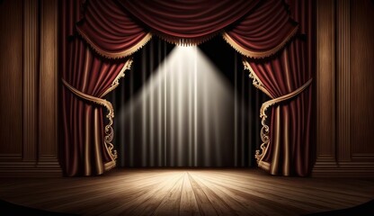 classic maroon curtains with light descended onto the center of the stage. Generative ai