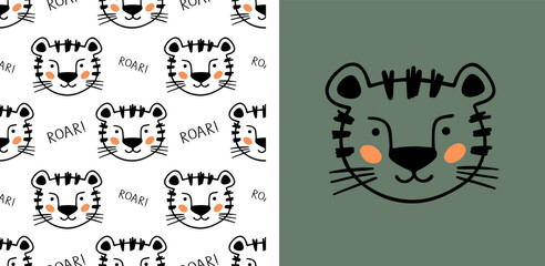 Hand drawn tiger with lettering Roar for designing baby clothes. Vector illustration in doodle style on green background. Postcard with tiger and seamless pattern. Cartoon Bohemian nursery print.