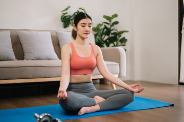 Asian Woman Doing Yoga and Watching Online Tutorials on Laptop, Training in Living Room