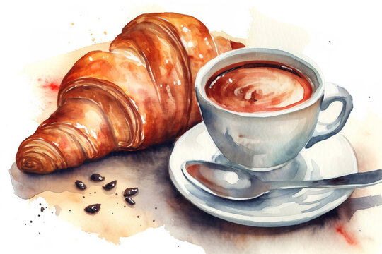 Hot morning coffee with croissant watercolour painting. Digitally generated AI image