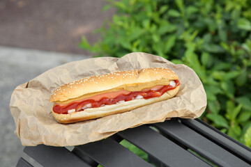 Fresh delicious hot dog with sauce on black bench outdoors