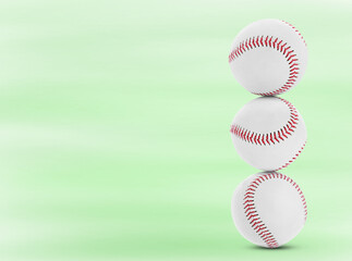 Stack of baseball balls on light green background. Space for text