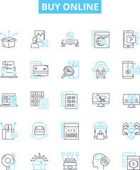 Buy online vector line icons set. Purchase, Order, Obtain, Shop, Buy, Procure, Acquire illustration outline concept symbols and signs