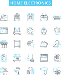 Home electronics vector line icons set. Fridge, TV, Stove, Washer, Dryer, Blender, Toaster illustration outline concept symbols and signs