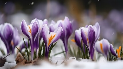 Crocus flowers blooming at early spring. Closeup. Copy space. Generative ai.