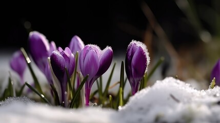 Snow melting with spring bloom of crocuses. Closeup. Copy space. Generative ai.