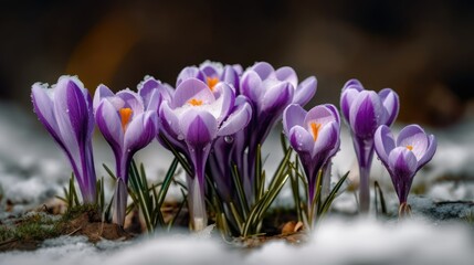 Crocuses making their way from under the snow in early spring. Closeup. Copy space. Generative ai.
