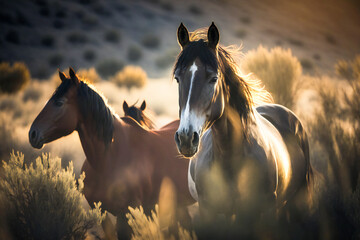 Fototapeta na wymiar Wild horses in nature under morning light. Created with Generative AI technology.