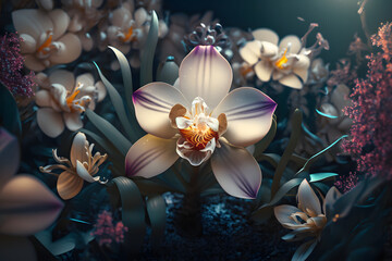 Fantasy Orchid flower, plant and leaves floral background