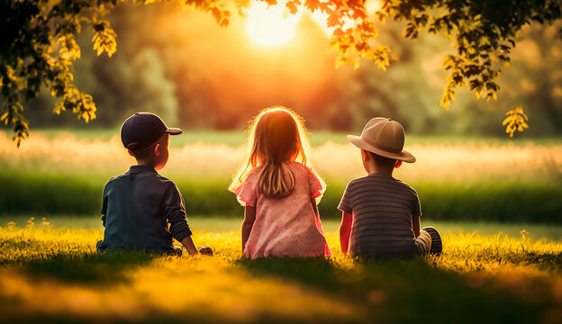 Back view of cute kids seated on green grass and relaxing in park,  AI generative