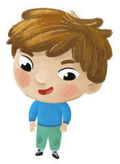 cartoon cheerful child kid boy dressed for autumn, spring or winter childhood illustration for children