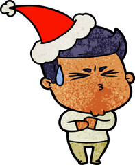 textured cartoon of a frustrated man wearing santa hat