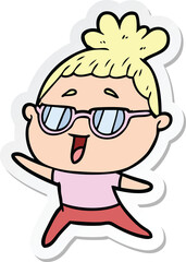 sticker of a cartoon happy woman wearing spectacles