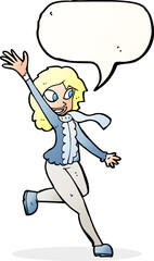 cartoon woman waving dressed for winter with speech bubble