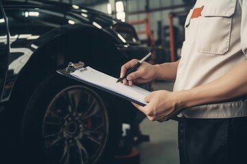 Close up Mechanic holding clipboard of service instructions working in repair service garage