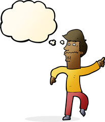 cartoon worried man pointing with thought bubble
